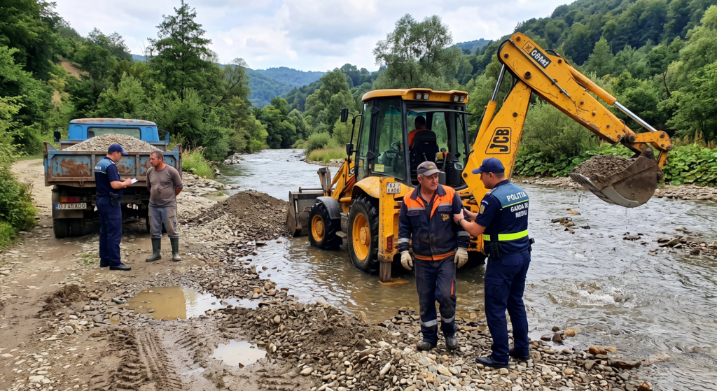 Flagrant la Novaci: Doi bărbați prinși în timp ce excavau ilegal din albia râului Gilort