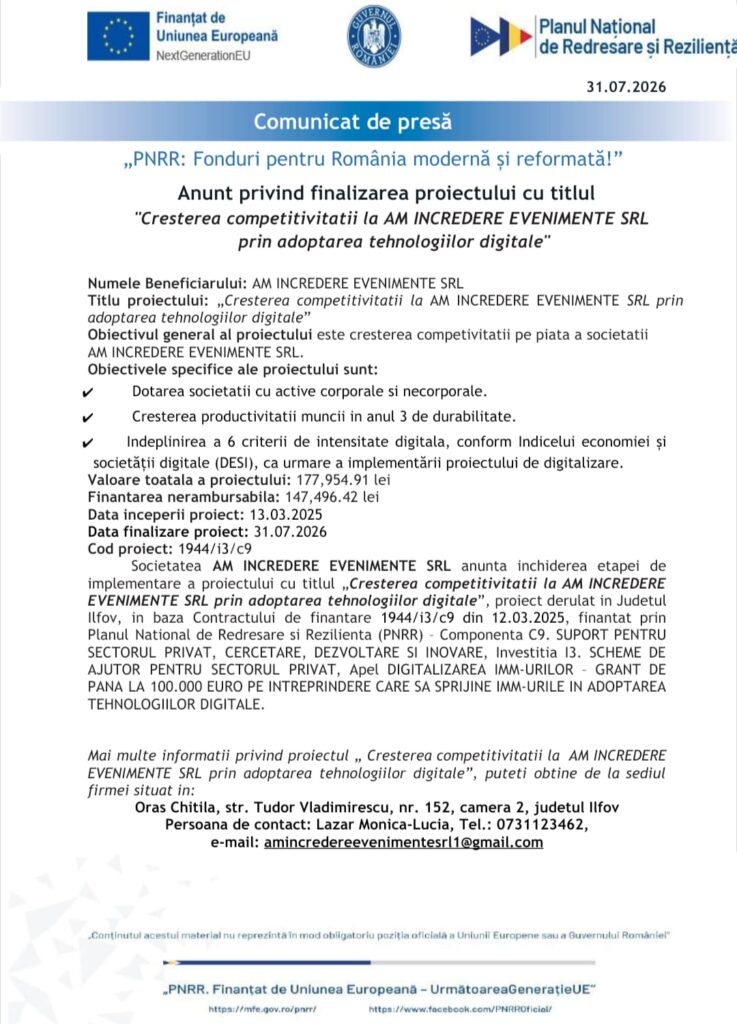 Anunt privind finalizarea proiectului cu titlul „Cresterea competitivitatii la AM INCREDERE EVENIMENTE SRL prin adoptarea tehnologiilor digitale“