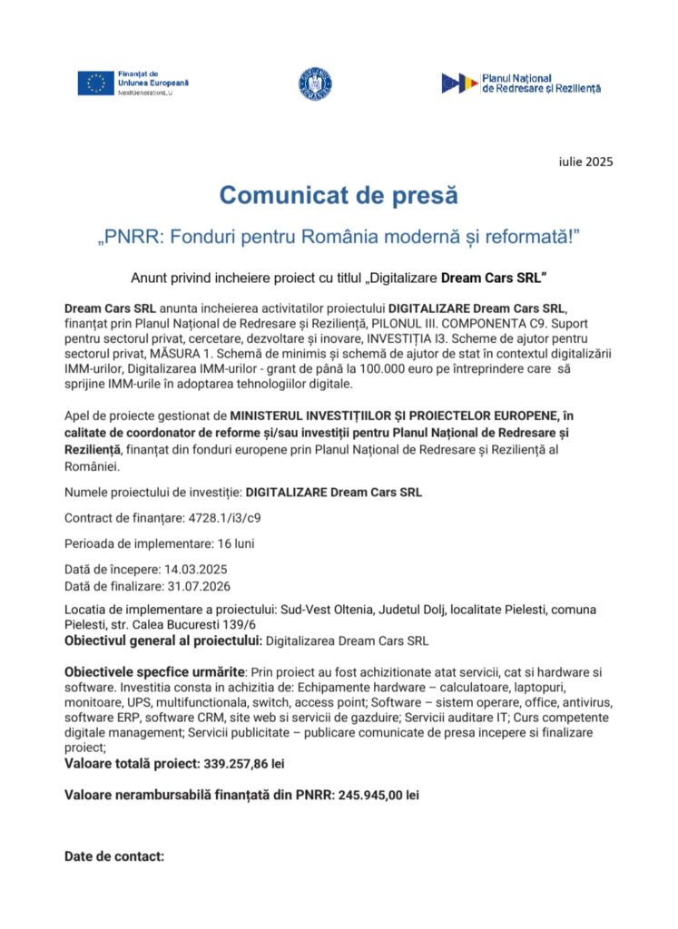 Anunt privind incheiere proiect cu titlul „Digitalizare Dream Cars SRL“