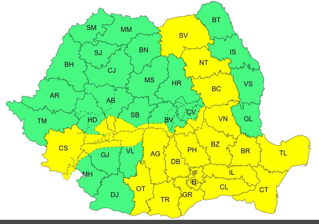 Cod galben de furtuni și ploi torențiale în mai multe regiuni din țară