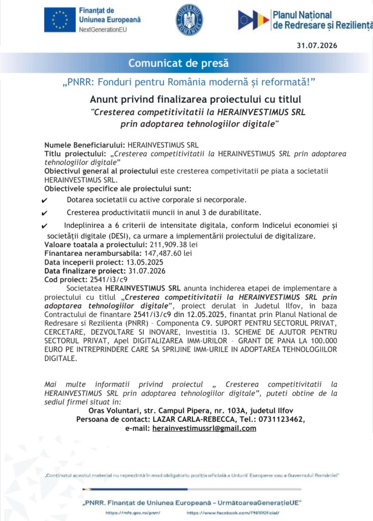 Anunt privind finalizarea proiectului cu titlul „Cresterea competitivitatii la HERAINVESTIMUS SRL prin adoptarea tehnologiilor digitale“