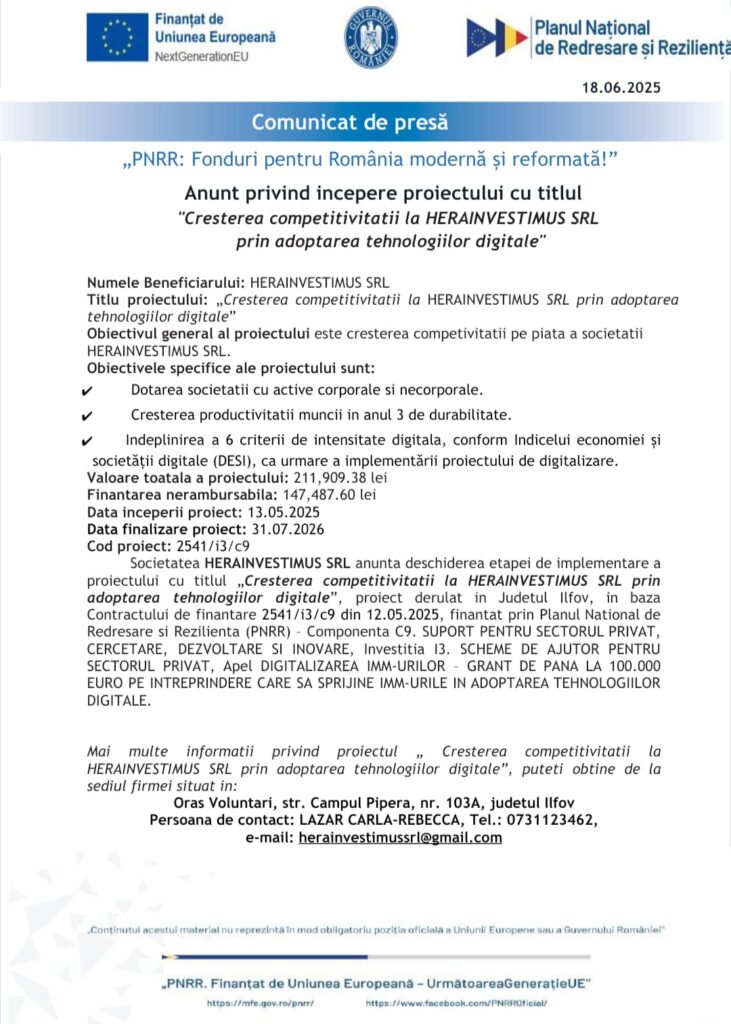 Anunt privind incepere proiectului cu titlul „Cresterea competitivitatii la HERAINVESTIMUS SRL prin adoptarea tehnologiilor digitale“