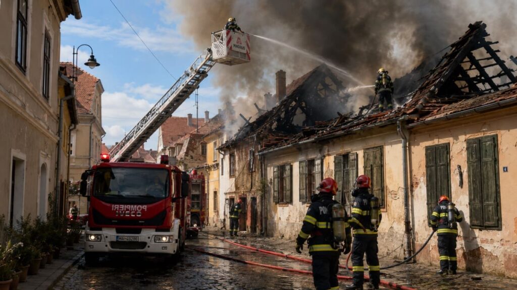 Casă mistuită de flăcări în centrul istoric al Sibiului. Incendiul ar fi pornit de la o lumânare