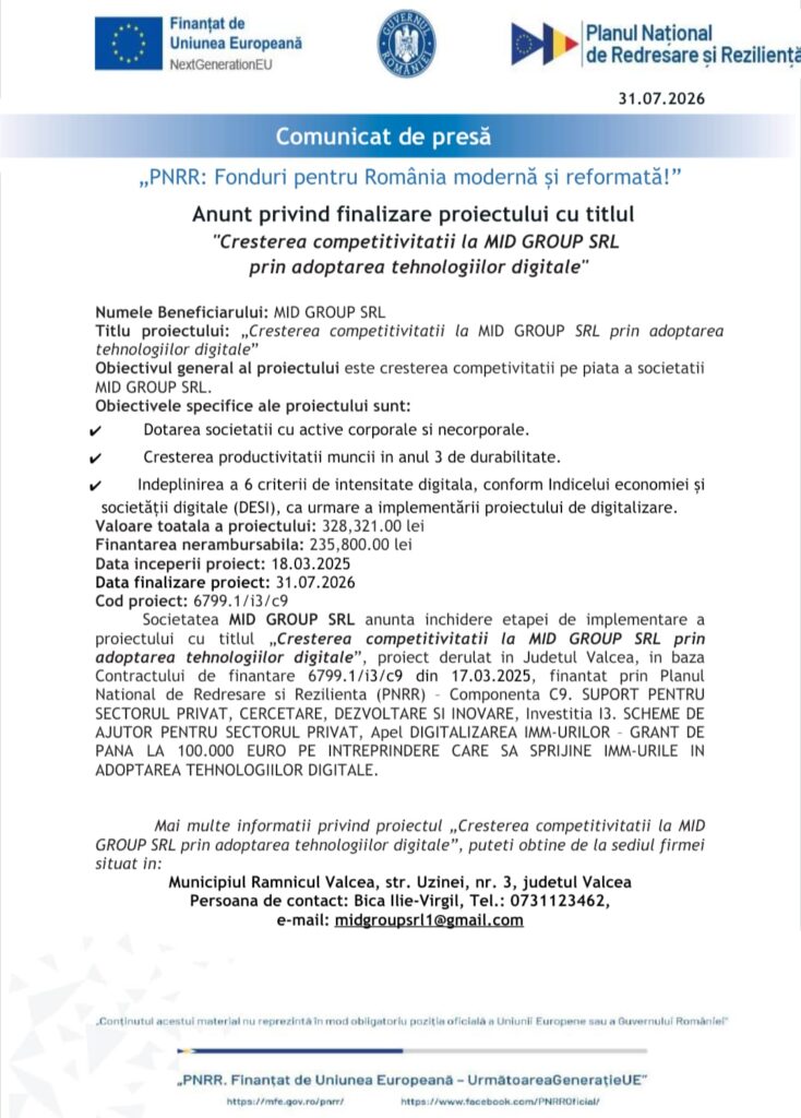 Anunt privind finalizare proiectului cu titlul „Cresterea competitivitatii la MID GROUP SRL prin adoptarea tehnologiilor digitale“
