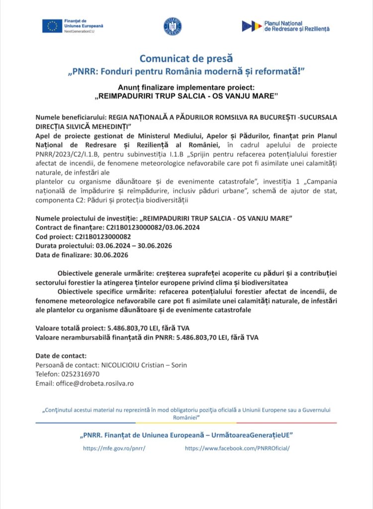 Anunț finalizare implementare proiect:„REIMPADURIRI TRUP SALCIA – OS VANJU MARE”