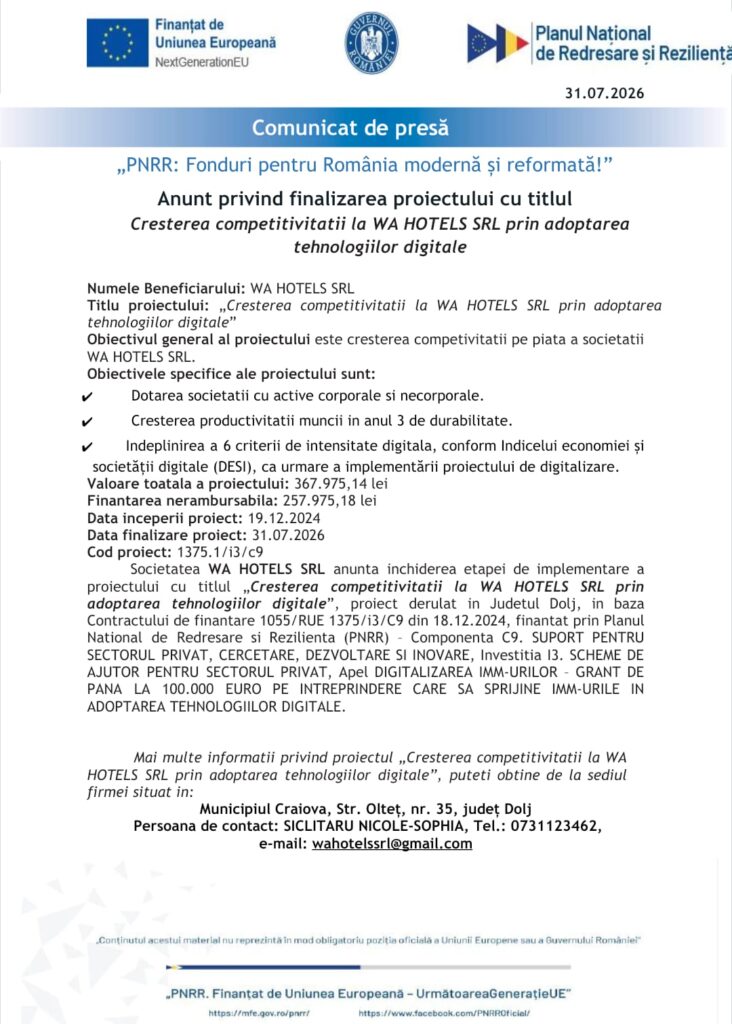 Anunt privind finalizarea proiectului cu titlul „Cresterea competitivitatii la WA HOTELS SRL prin adoptarea tehnologiilor digitale“