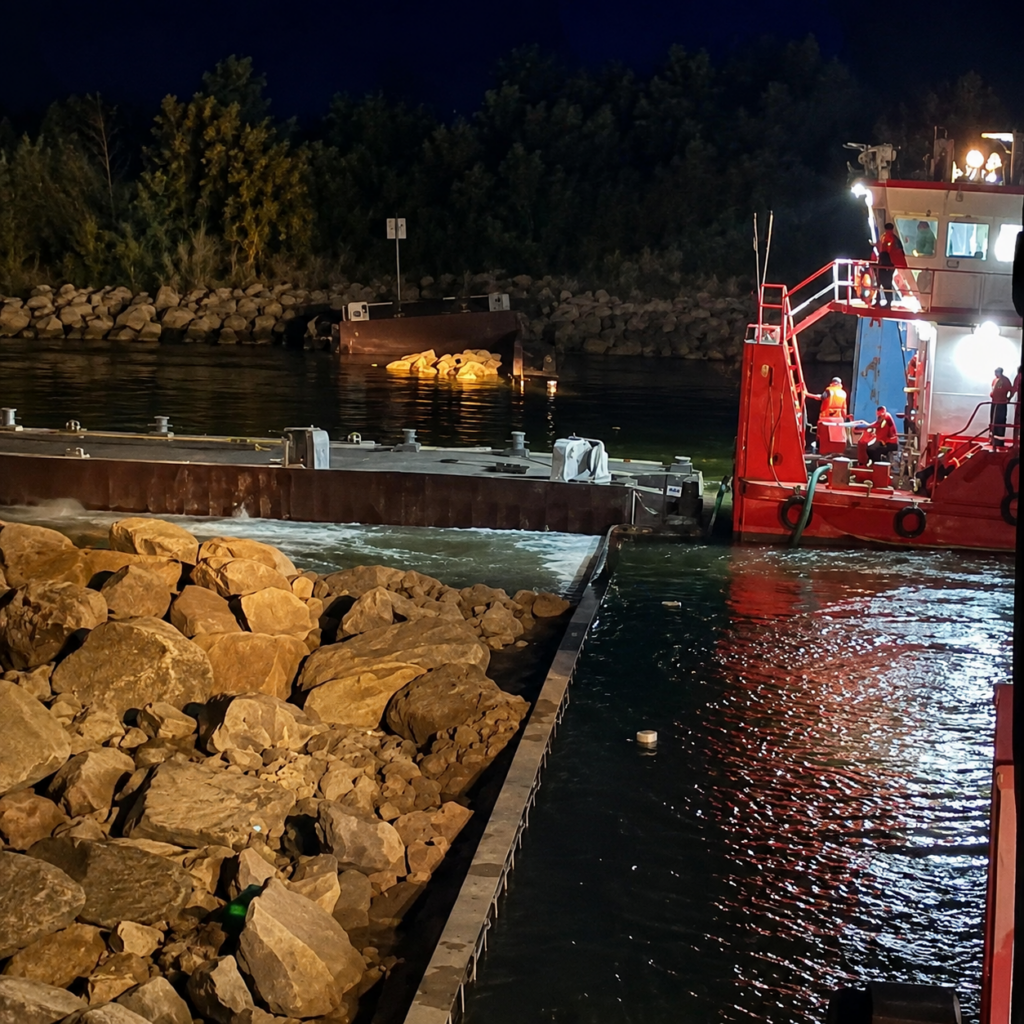 Două barje au fost scufundate controlat în Dunăre pentru a limita scăderea nivelului apei la Cernavodă