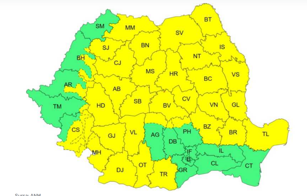 Cod galben: Caniculă în mai multe județe din sud și vijelii în restul țării, marți