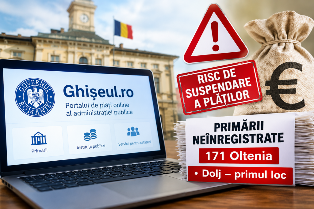 650 de primării nu s-au înregistrat pe ghiseul.ro și riscă suspendarea plății banilor de la buget. 171 de primării din Oltenia sunt în această situație. Doljul e primul loc