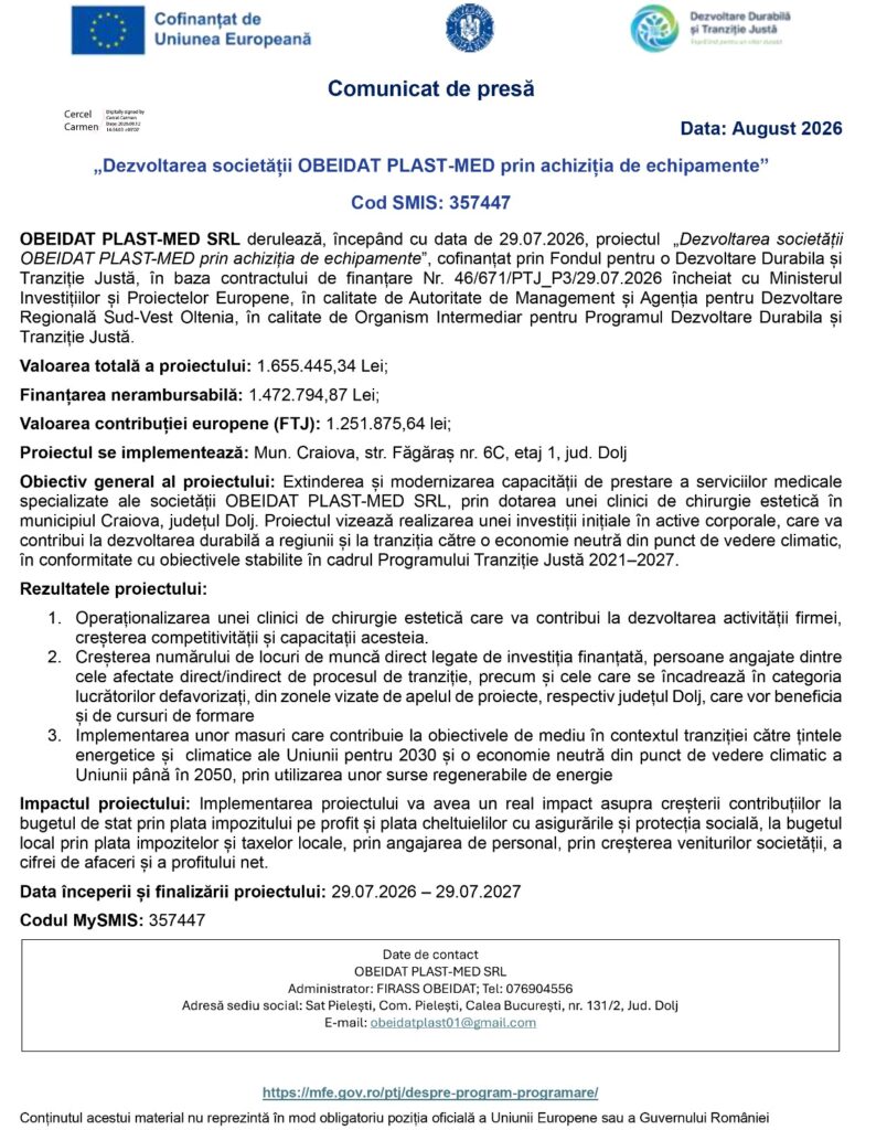 „Dezvoltarea societății OBEIDAT PLAST-MED prin achiziția de echipamente”