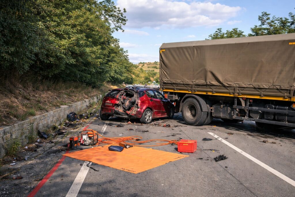 Doi adulți și un copil mic și-au pierdut viața într-un accident în care au fost implicate un autocamion militar şi trei autoturisme