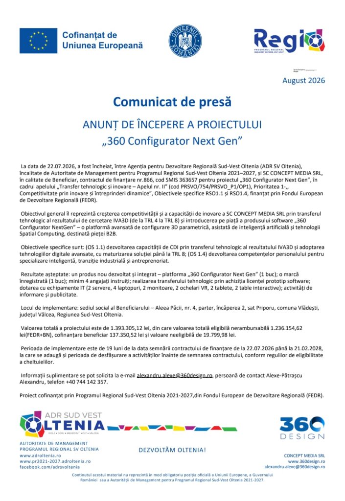 ANUNȚ DE ÎNCEPERE A PROIECTULUI „360 Configurator Next Gen“