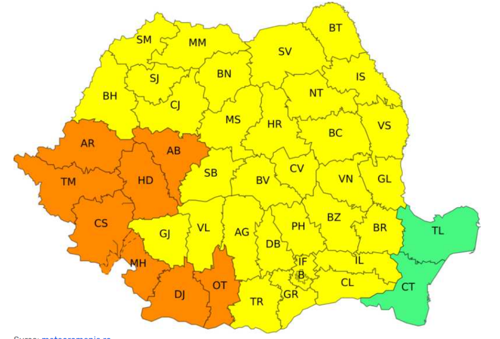 Cod portocaliu de caniculă în vestul și sudul Olteniei, de joi dimineața