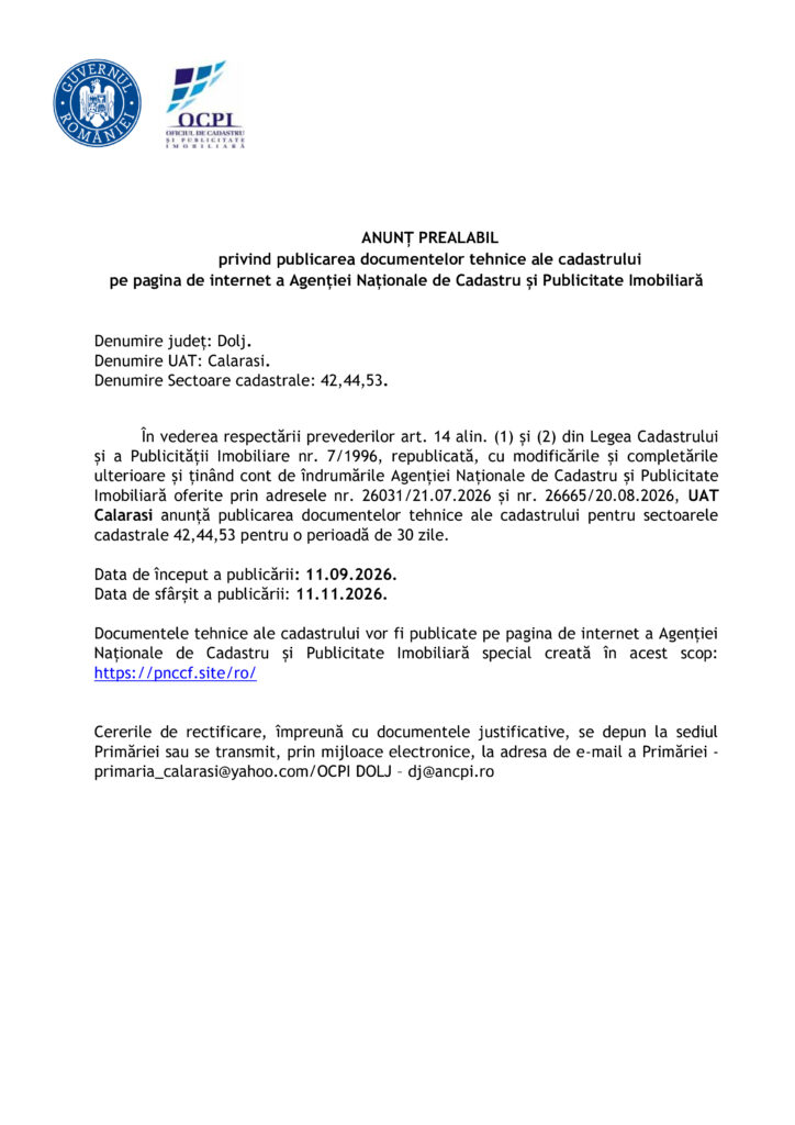 ANUNȚ PREALABIL privind publicarea documentelor tehnice ale cadastrului pe pagina de internet a Agenției Naționale de Cadastru și Publicitate Imobiliară