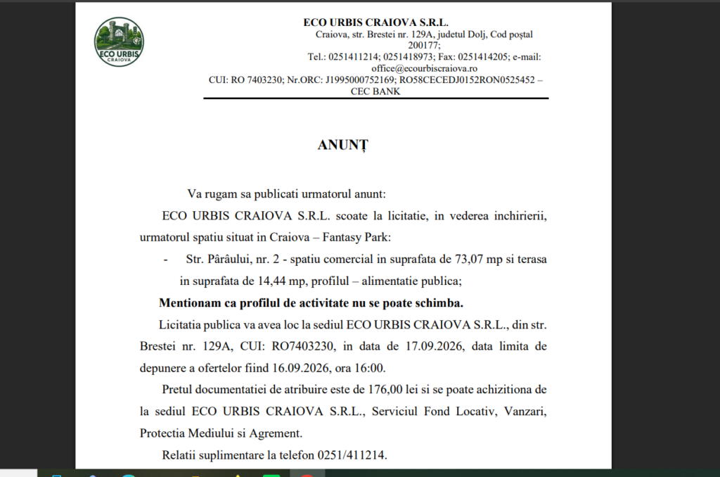 ECO URBIS CRAIOVA S.R.L. organizează licitație pentru închirierea unui spațiu