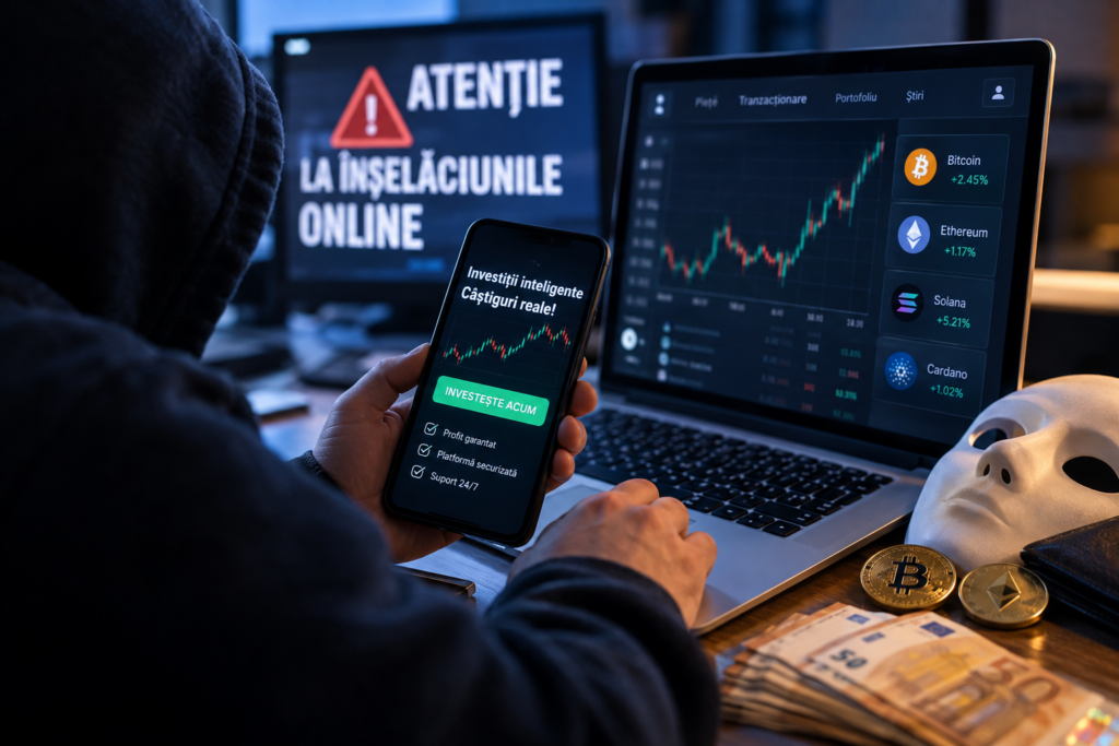 Aproape 100 de milioane de lei, prejudiciu din fraude online cu investiții în acțiuni și criptomonede