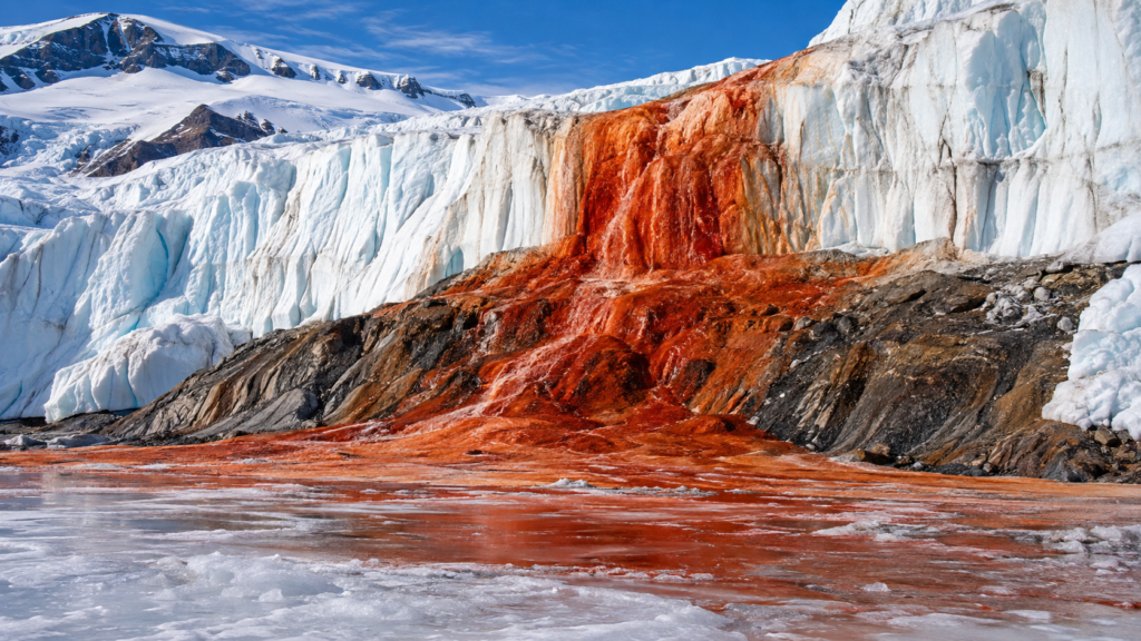 Cascada care „sângerează” în Antarctica. Misterul apei roșii care iese dintr-un ghețar