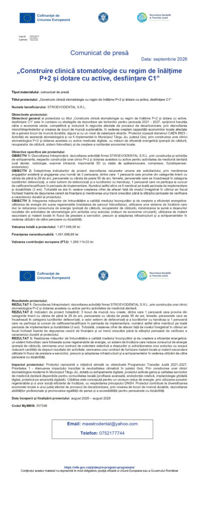 „Construire clinică stomatologie cu regim de înălțime P+2 și dotare cu active, desființare C1”