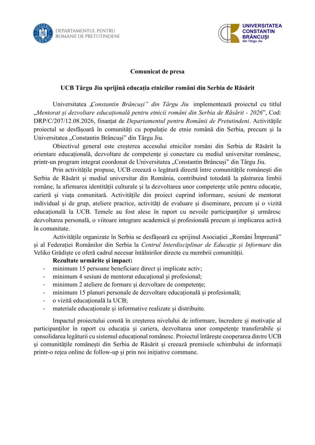 UCB Târgu Jiu sprijină educația etnicilor români din Serbia de Răsărit