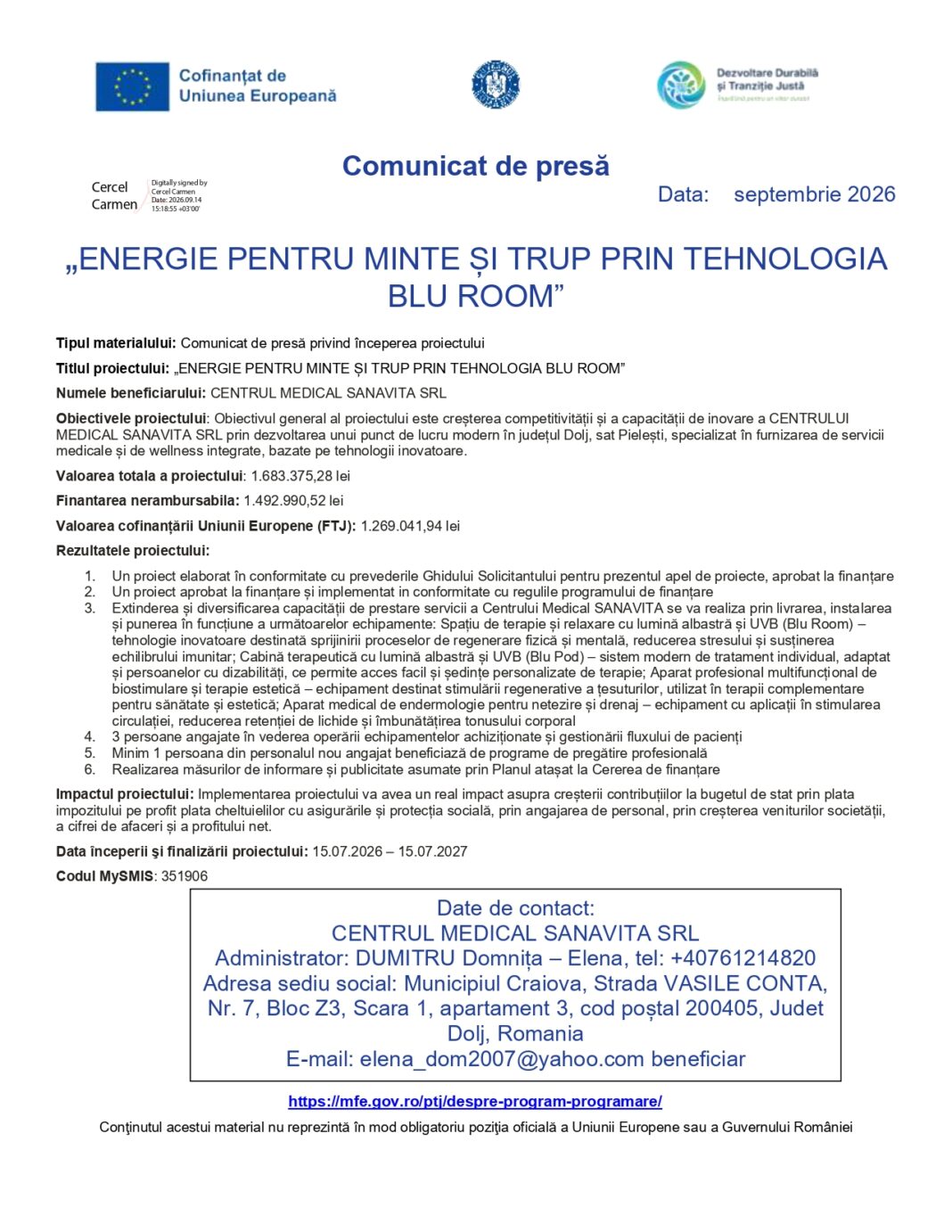 „ENERGIE PENTRU MINTE ȘI TRUP PRIN TEHNOLOGIA BLU ROOM”