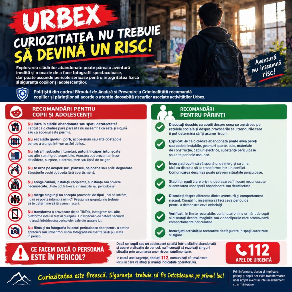 Polițiștii avertizează asupra riscurilor Urbex: „Curiozitatea nu trebuie să devină un risc”