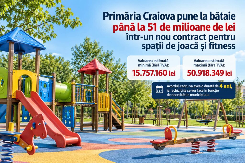 Primăria Craiova pune la bătaie până la 51 de milioane de lei într-un nou contract pentru spații de joacă și fitness