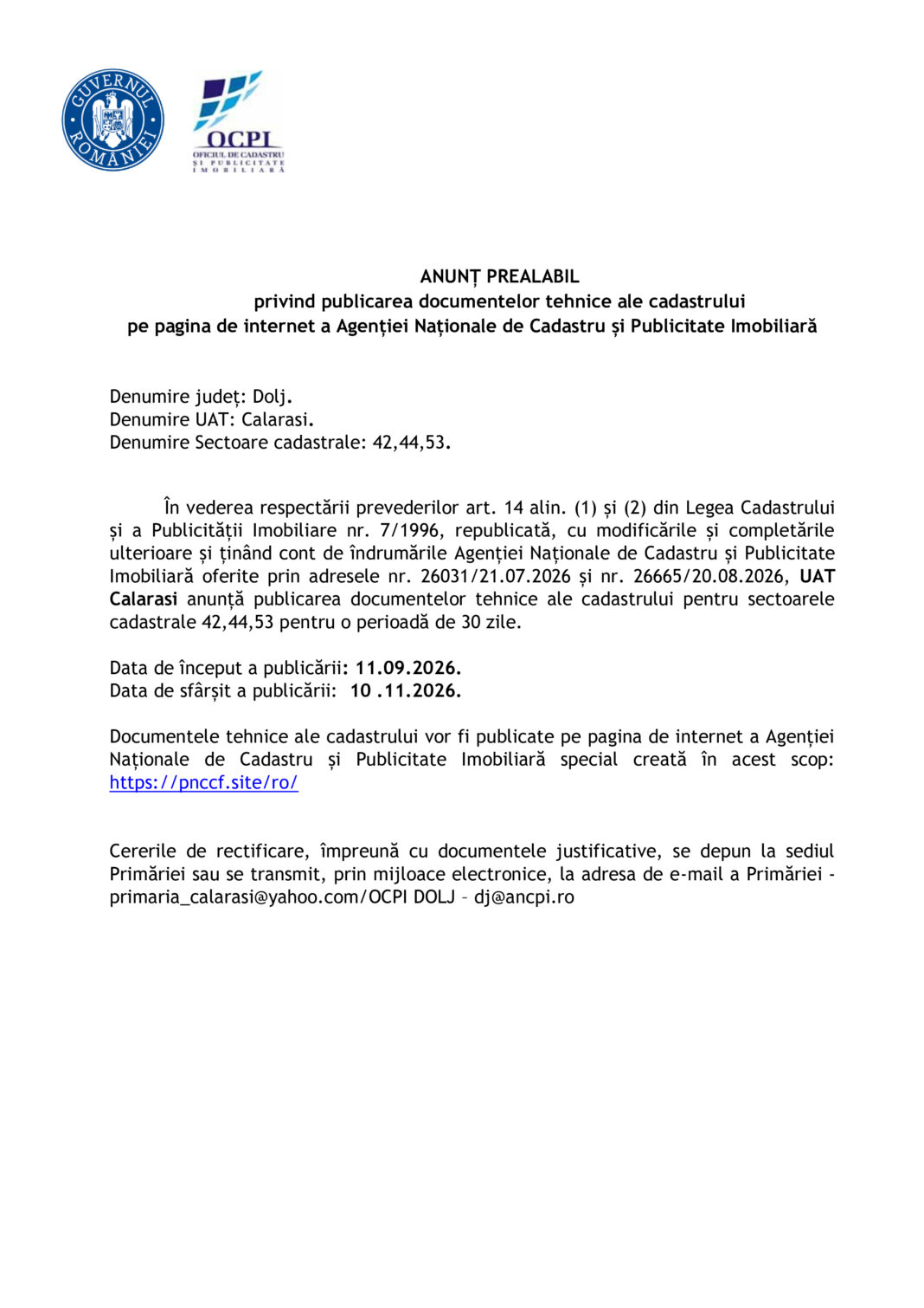 ANUNȚ PREALABIL privind publicarea documentelor tehnice ale cadastrului pe pagina de internet a Agenției Naționale de Cadastru și Publicitate Imobiliară