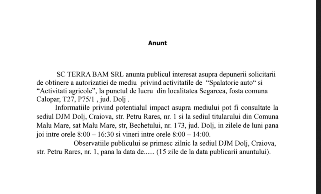 Anunţ SC TERRA BAM SRL