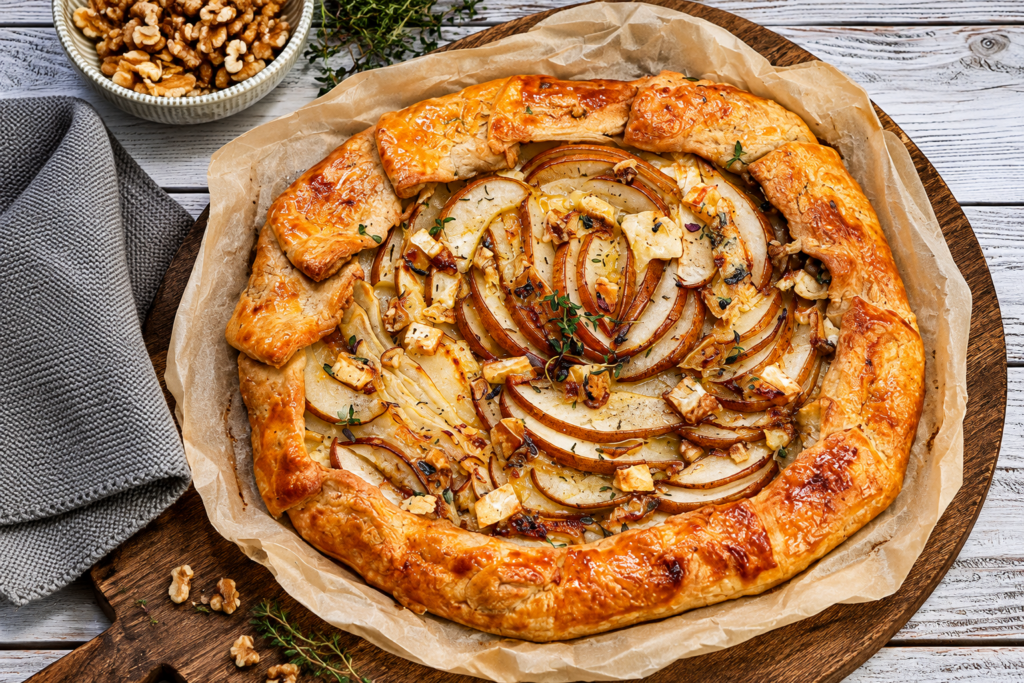 Tartă rustică de toamnă cu pere, ceapă caramelizată și brânză