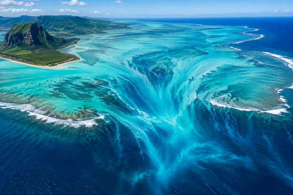 Cascada uriașă care pare să se prăbușească în ocean, dar care nu există în realitate