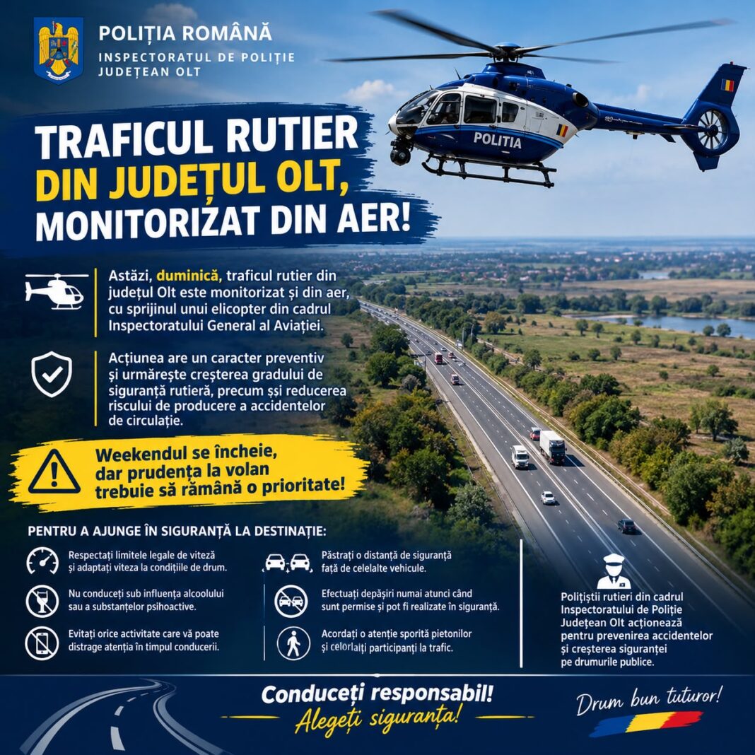 Trafic monitorizat din elicopter în județul Olt. Polițiștii desfășoară controale pentru prevenirea accidentelor