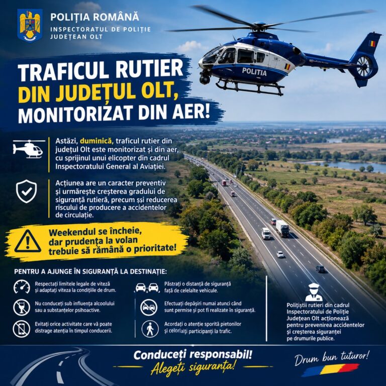 Trafic monitorizat din elicopter în județul Olt. Polițiștii desfășoară controale pentru prevenirea accidentelor