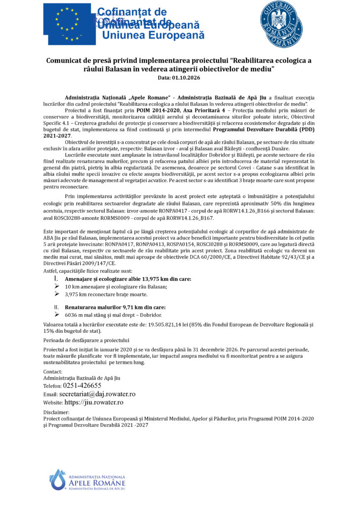 Implementarea proiectului “Reabilitarea ecologica a râului Balasan în vederea atingerii obiectivelor de mediu”