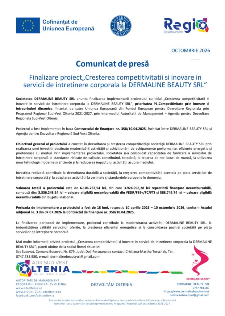 Finalizare proiect „Cresterea competitivitatii si inovare in servicii de intretinere corporala la DERMALINE BEAUTY SRL”