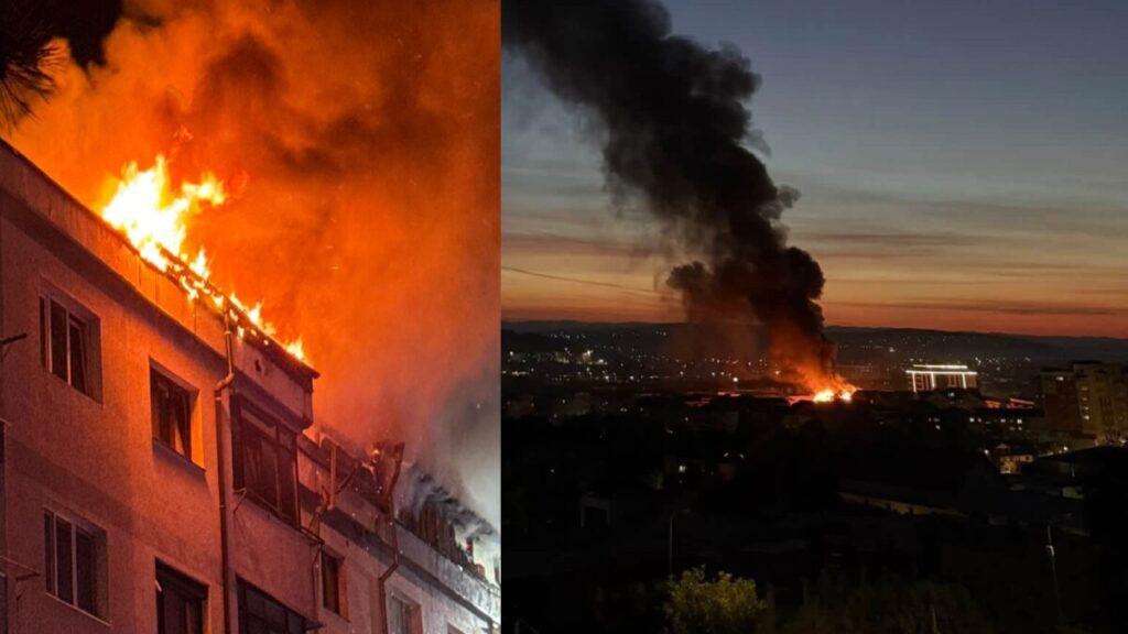 Acoperișul unui bloc din Suceava a ars șapte ore