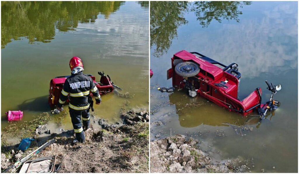 Un cuplu de vârstnici a ajuns la spital după ce s-a răsturnat cu o tricicletă electrică într-un canal de irigații