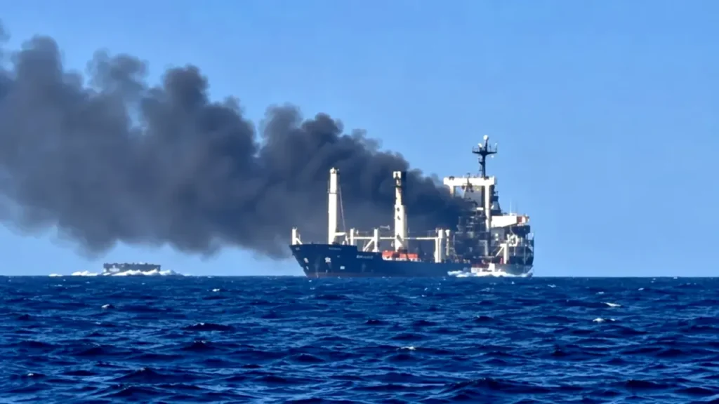 Un vapor turcesc încărcat cu cereale a luat foc după  ce a fost lovit de o dronă în Marea Neagră. Doi marinari au murit